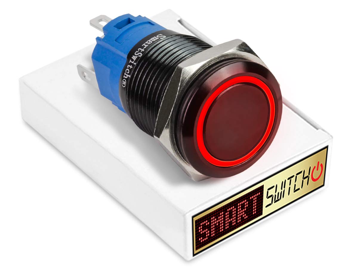 SmartSwitch Angel Eye 22mm Halo Momentary Push Button Switch 12V Red LED Switch with Black Aluminium Finish 2NO2NC