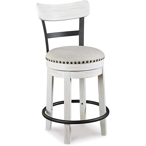 Signature Design by Ashley Valebeck | Modern Swivel 24.5" Counter Height Barstool – Rustic-Industrial Whitewash, Upholstered Cushion, 360° Swivel, Nailhead Trim