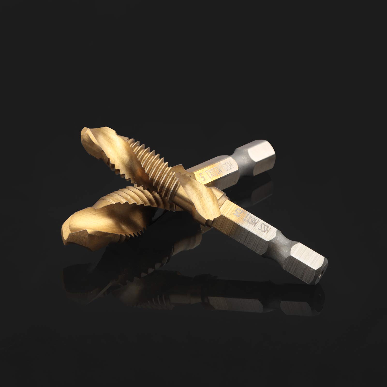 QUANHAO 6 stks HSS Countersink Tap Boor Set, Combinatie Hex Shank Titanium Schroefdraad Metrische Tap Boor voor Hout Plastic Aluminium Koper, NIET voor Hard Metaal/Ijzer Gieten (M3-M10) (Gouden