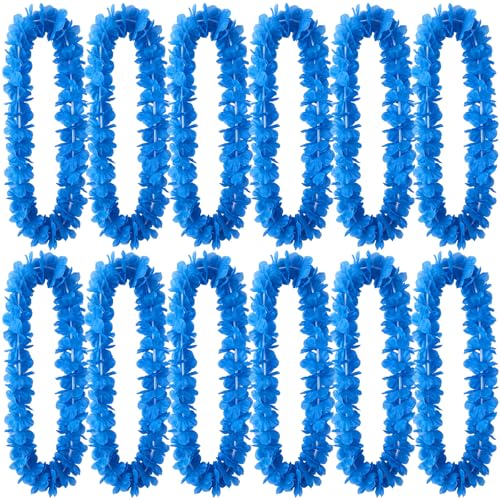 Suncalla 12 Pcs Hawaiian Leis Garland Ruffled Hula Aloha Flower Necklaces Luau Hen Stag Hawaiian Fancy Dress Decorations for Adults Beach Tropical Themed Birthday Summer Party Favors(Blue)