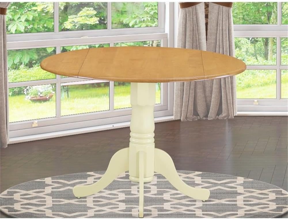 Pemberly Row Traditional Round Wood Dining Table, Oak and Cream Finish, 30"H x 42"W x 42"D, Pedestal Base, Solid Hardwood Construction, Drop Leaf Design, Mid-Century Style Kitchen or Dining Room Table