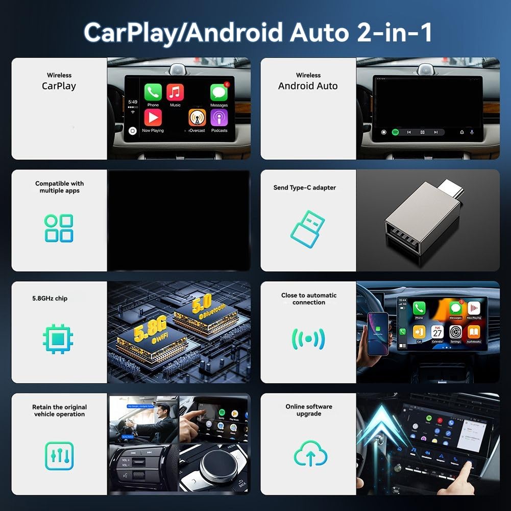 2 in 1 Wired to Wireless Carplay Android Auto Box Dongle Wireless Carplay Adapter for Major Car