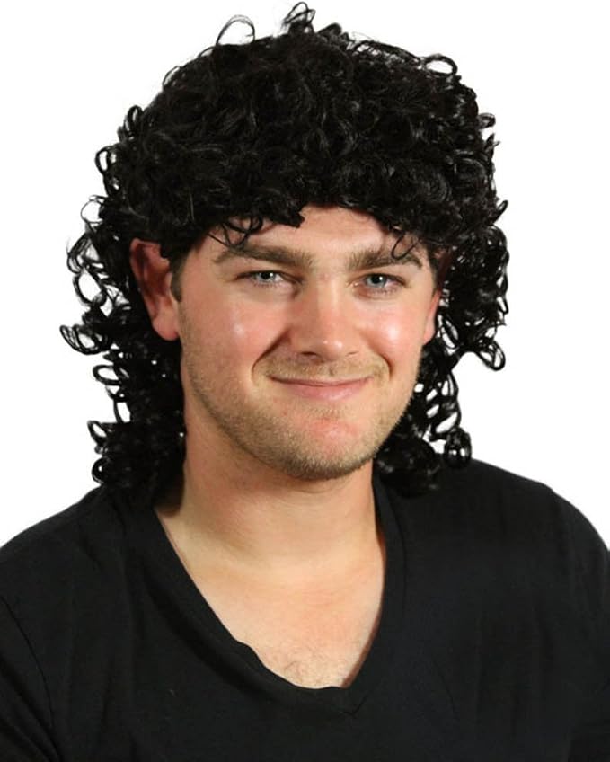 My Costume Wigs Men's Curly Black Mullet Wig (Black) One Size fits all Clothing