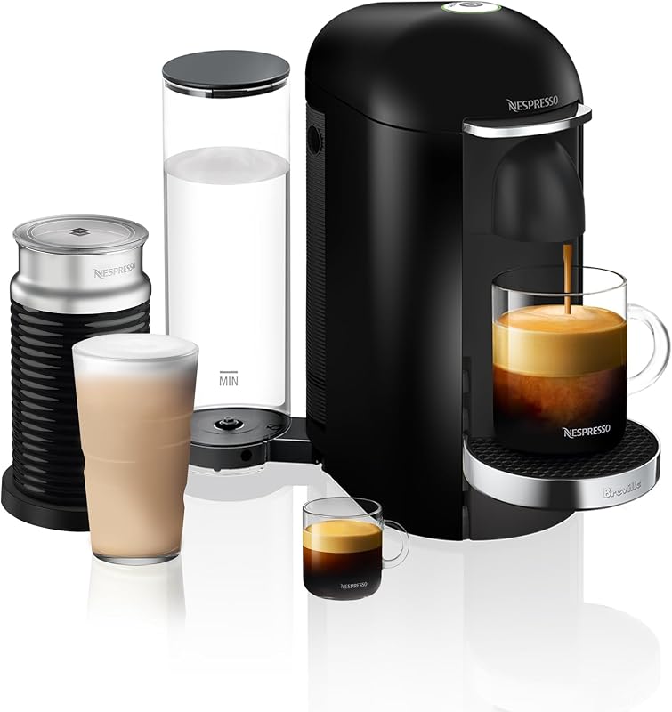 Cafetera y espresso Vertuo Plus Deluxe de Breville, Piano Black con espumador de leche Aeroccino