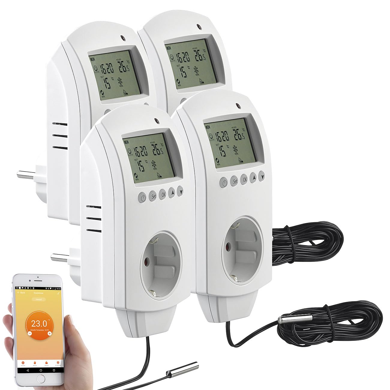 revolt Steckerthermostat WLAN: 4er-Set WLAN-Steckdosen-Thermostate für Heizgeräte, App, Sprachbefehl (Smart-Thermostat Steckdose, Wireless Thermostat-Steckdosen, Zeitschaltuhr)