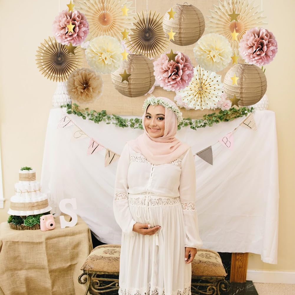 Party Deko Beige Rosa Braun Creme Neutral Boho Babyparty Deko Braun Beige JGA Frauen Altrosa Pompons Papierlaternen Champagner Gold für Boho Geburtstagdeko Brautdusche Hochzeit Junggesellenabschied