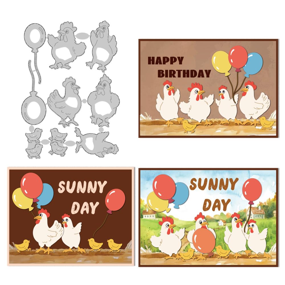 DELORIGIN Chicken Cutting Dies Chicken Chasing Balloon Scene Card Making Die Cuts Carbon Steel Stencils Scrapbooking Embossing Template Dies for DIY Craft Album Thanksgiving Easter Festival Card Decor