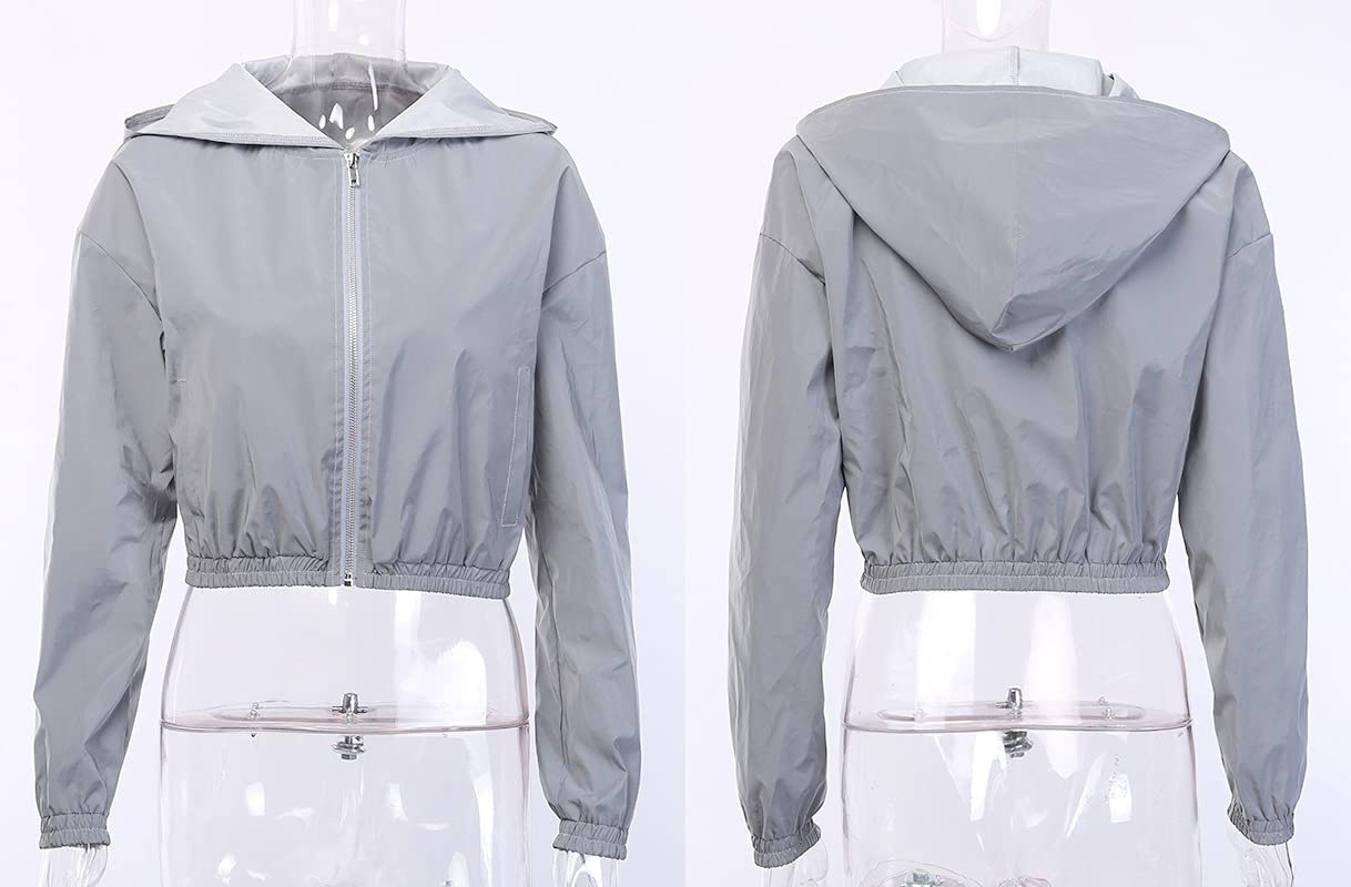 NewL Veste coupe-vent à capuche réfléchissante à manches longues avec fermeture éclair pour femme