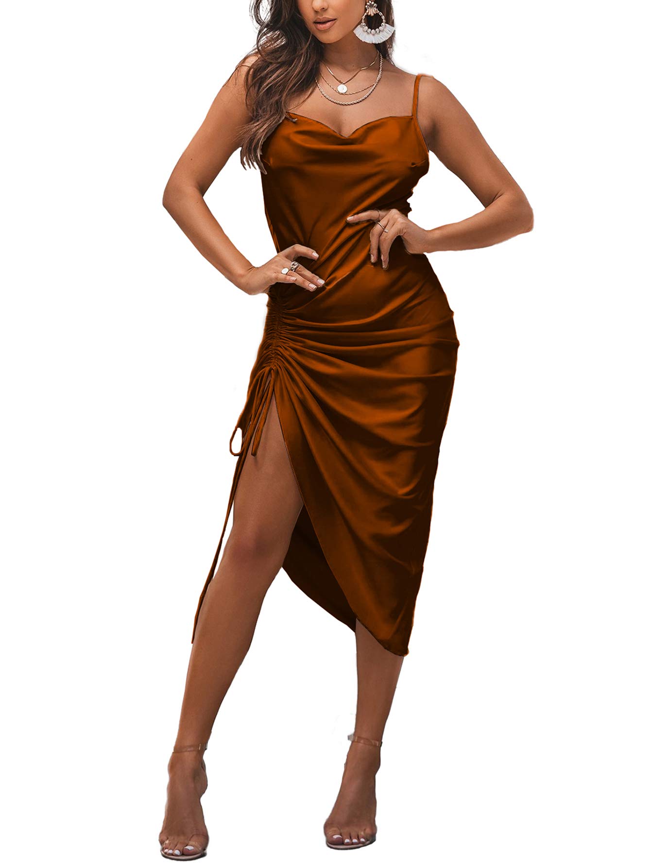 LYANER Women's Satin Spaghetti Straps Cowl Neck Sexy Ruch Cocktail Midi Dresses - Small Brown