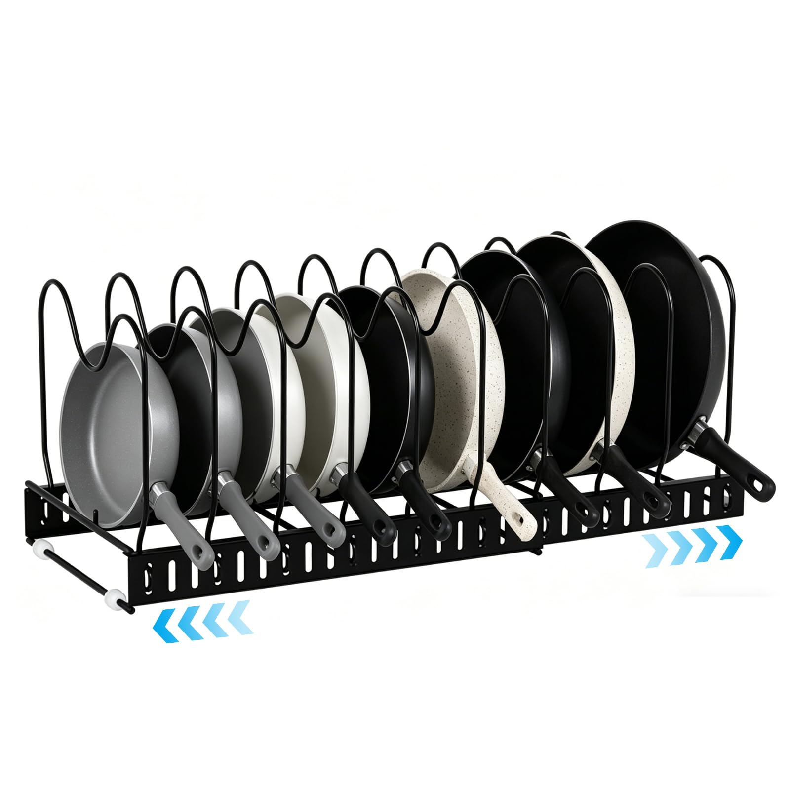 LLHONG Expandable Pots and Pans Organiser, Kitchen Cupboard Organiser, Saucepan Lid Storage Racks & Holders with 10 Adjustable Dividers for Chopping Board, Heavy Cookware (Black)