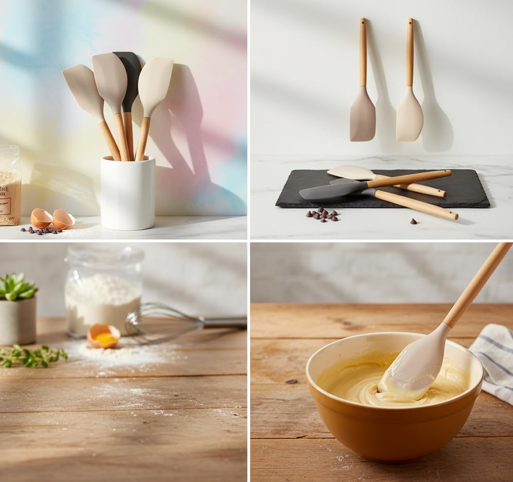 Deconox Bambu Saplı Silikon Dar Sıyırma Spatulası, Bambu Uzun Silikon Dar Spatula 27cm 3 Renk Seçenekli (KREM)