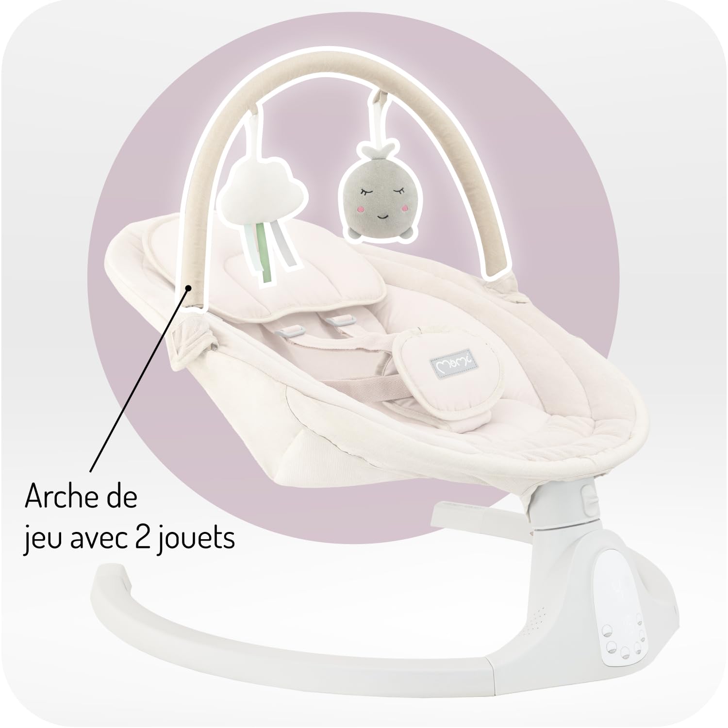 Balancelle MoMi KENANI SAND jusqu'à 9 kg, écran LED, télécommande, Bluetooth pour smartphone, alimentation piles/secteur, harnais de sécurité 5 points, arche et jouets