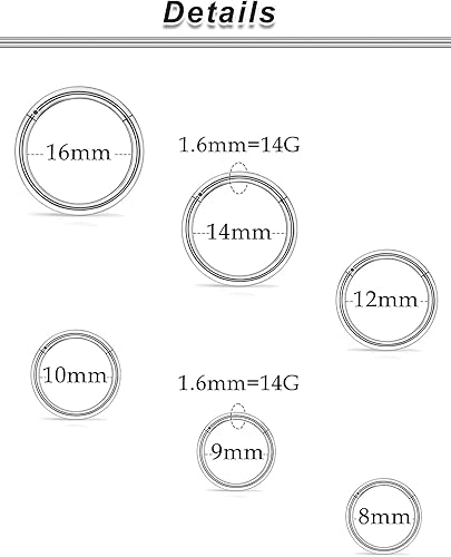 Miniatura 9 de Ocptiy 6G 8G 12G 14G 16G Anillos de tabique con bisagras Calibradores Túneles Tapones Pendientes Kit de estiramiento de acero quirúrgico con Juego
