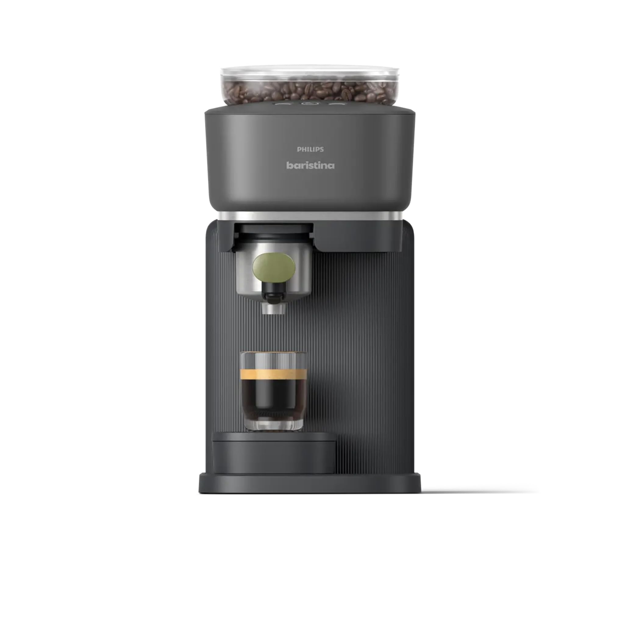 Photo 1 of Philips Baristina Espresso Machine, Grind, Tamp & Brew Coffee Beans in One Swipe, Compact, 16 Bar Pump Pressure, Automatic Grinder, Black with Natural Green Portafilter (BAR321/64)