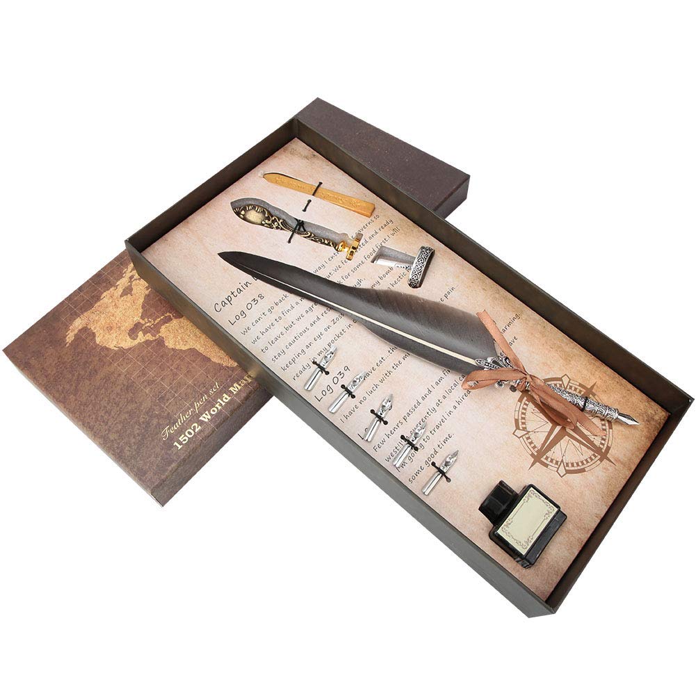 European Retro Stalówki ze stali nierdzewnej Zestaw wosków do pisania zanurzeniowego Prezent z pudełkiem do pakowania (SFDPS025031 pointed gray feather)