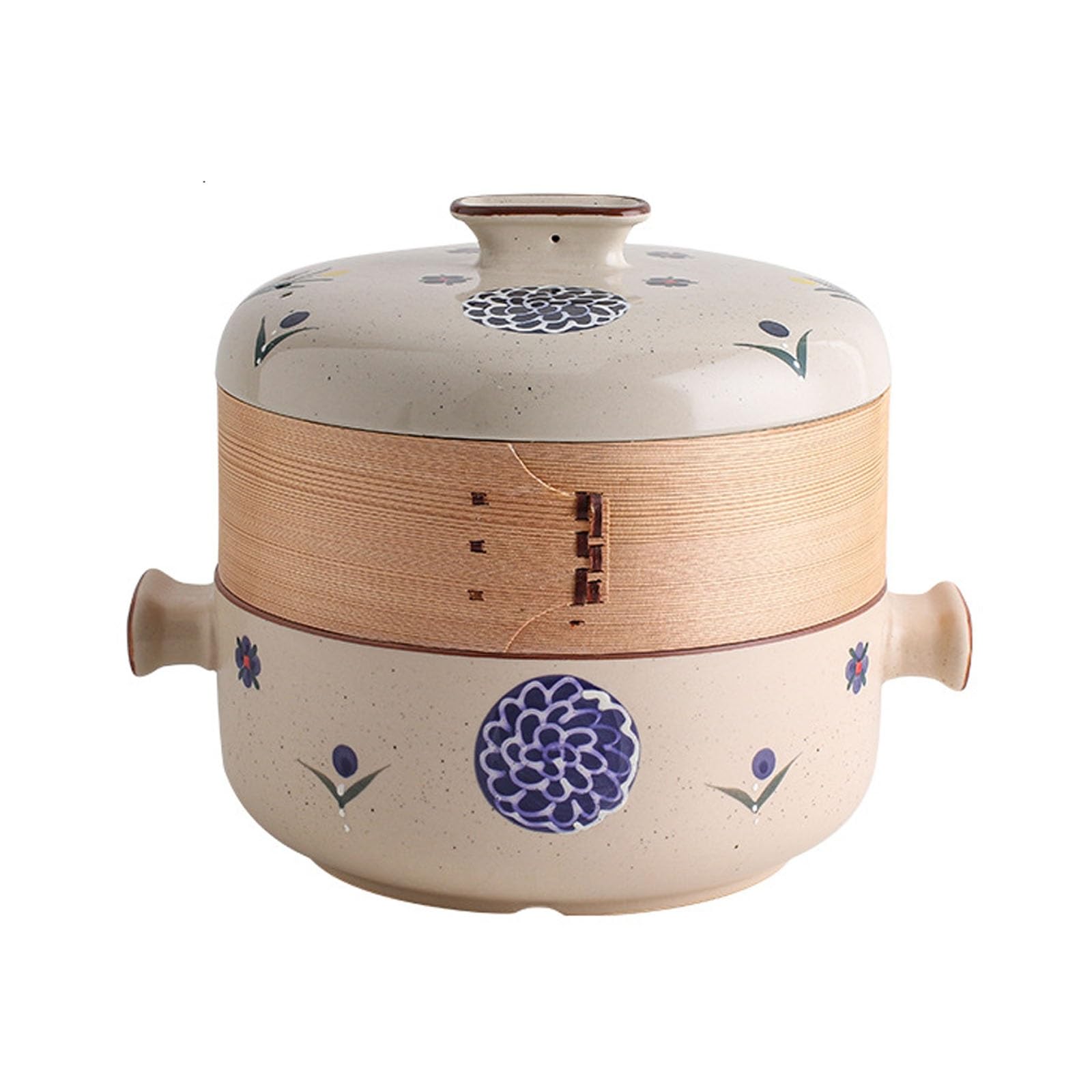Japoński garnek do zapiekania z bambusowym koszykiem do gotowania na parze, okrągły kamionkowy garnek z pokrywką, ceramiczny dwupoziomowy garnek do zupy(1.5L)