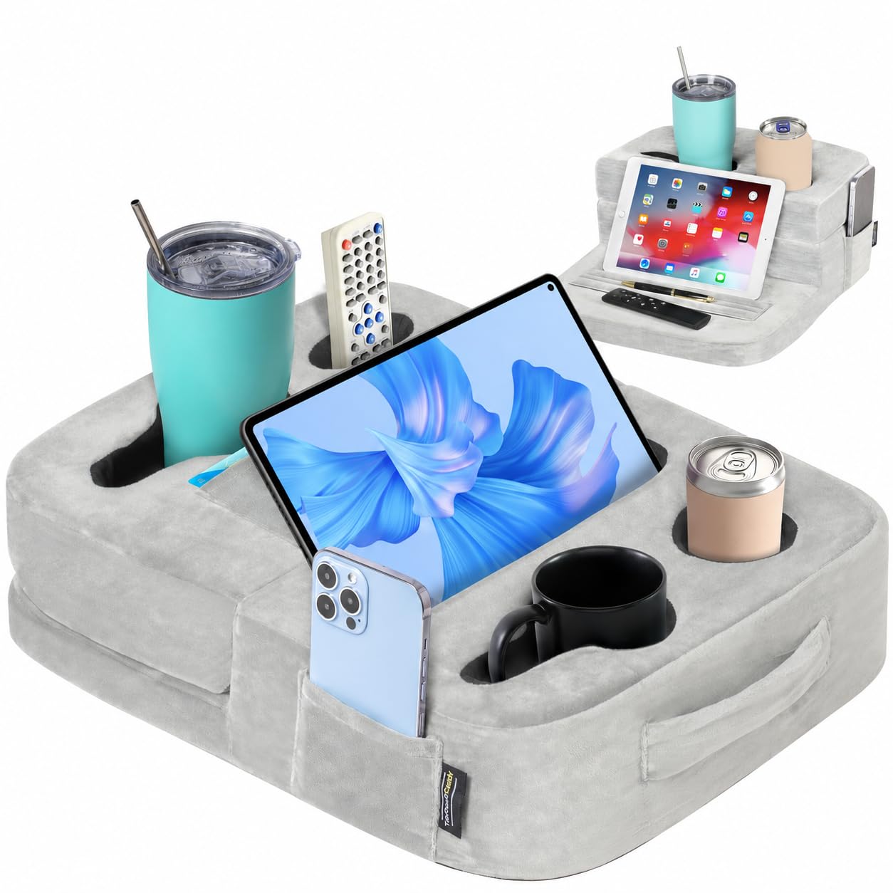 TabCouchCaddy TabCouchCaddy - Couch Cup Holder Tray Pillow - Bed, Couch Caddy, Sofa, RV & Car - Holds Drinks, Snacks, Remotes, Phones, Kindle, Tablet | Bed Cup Holder (Grey)