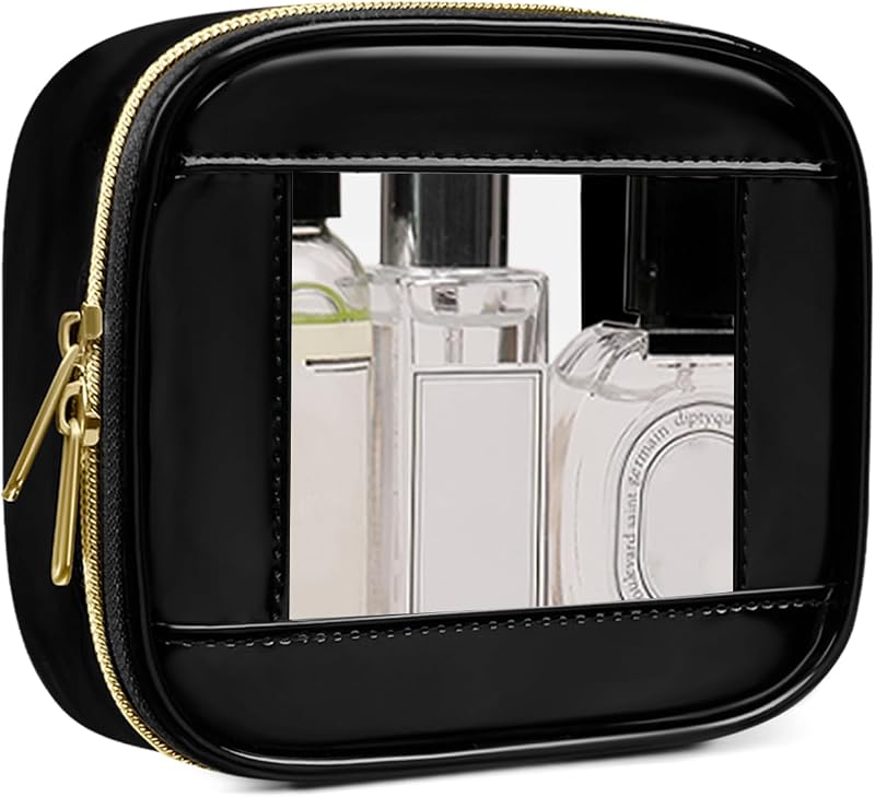 Necessaire pequena transparente para maquiagem JRQCSJY com zíper, formato retangular, Black-2