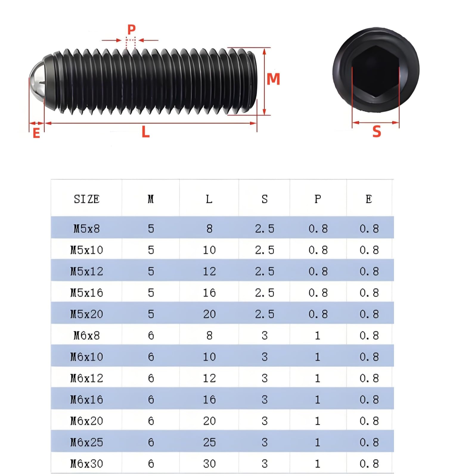 40pcs Émbolos internos hexagonales roscados con punta esférica y resorte en acero aleado,grado 12.9,Tornillos prisioneros de cabeza esférica (M6 x 30mm)