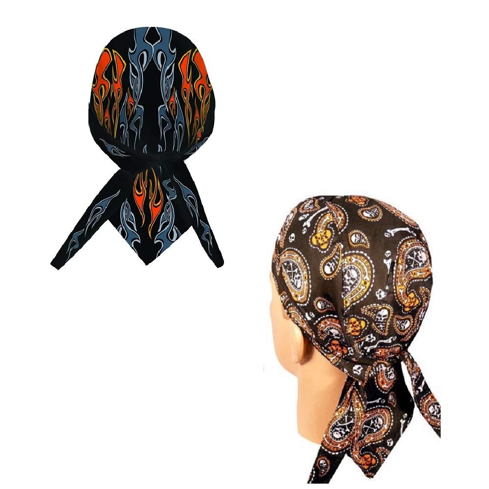 Capsmith Lot or Set of 2 Orange Black Flames and Paisley Danbanna Head Wrap Durag Doo Rag Skull