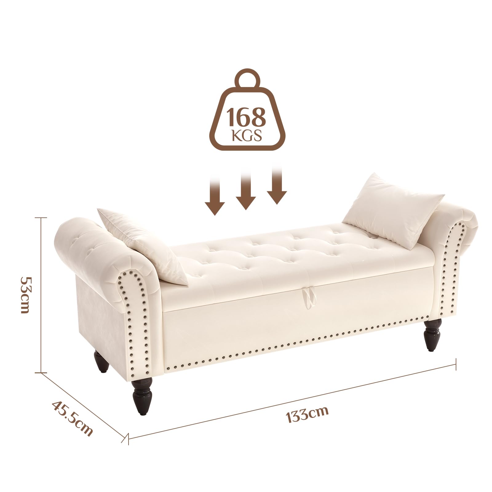 Clevich Sitzbank mit Stauraum 133cm, Samtmaterial, Umdrehen Mit Booster-Gasstange, Fußstütze mit stabilen Holzbeinen, Sofabank fur Flur, Schlafzimmer, Wohnzimmer, 133x53x46 cm, Beige