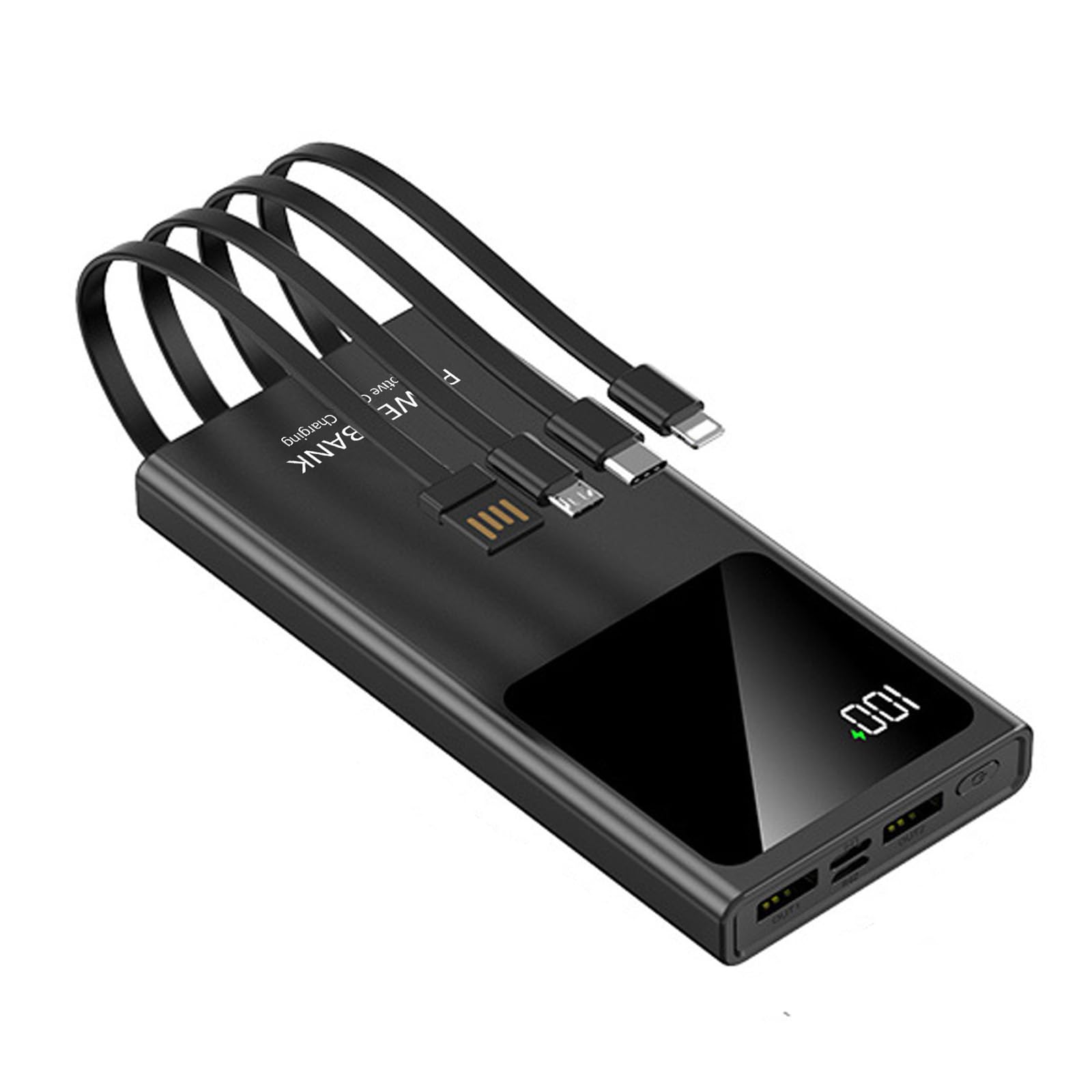 Power Bank with Built in Cables X 4,10000mAh USB C Battery pack 6 Outputs 3 Inputs with LED Display Type C Powerbank Portable Charger Compatible with Smartphones Tablets and More