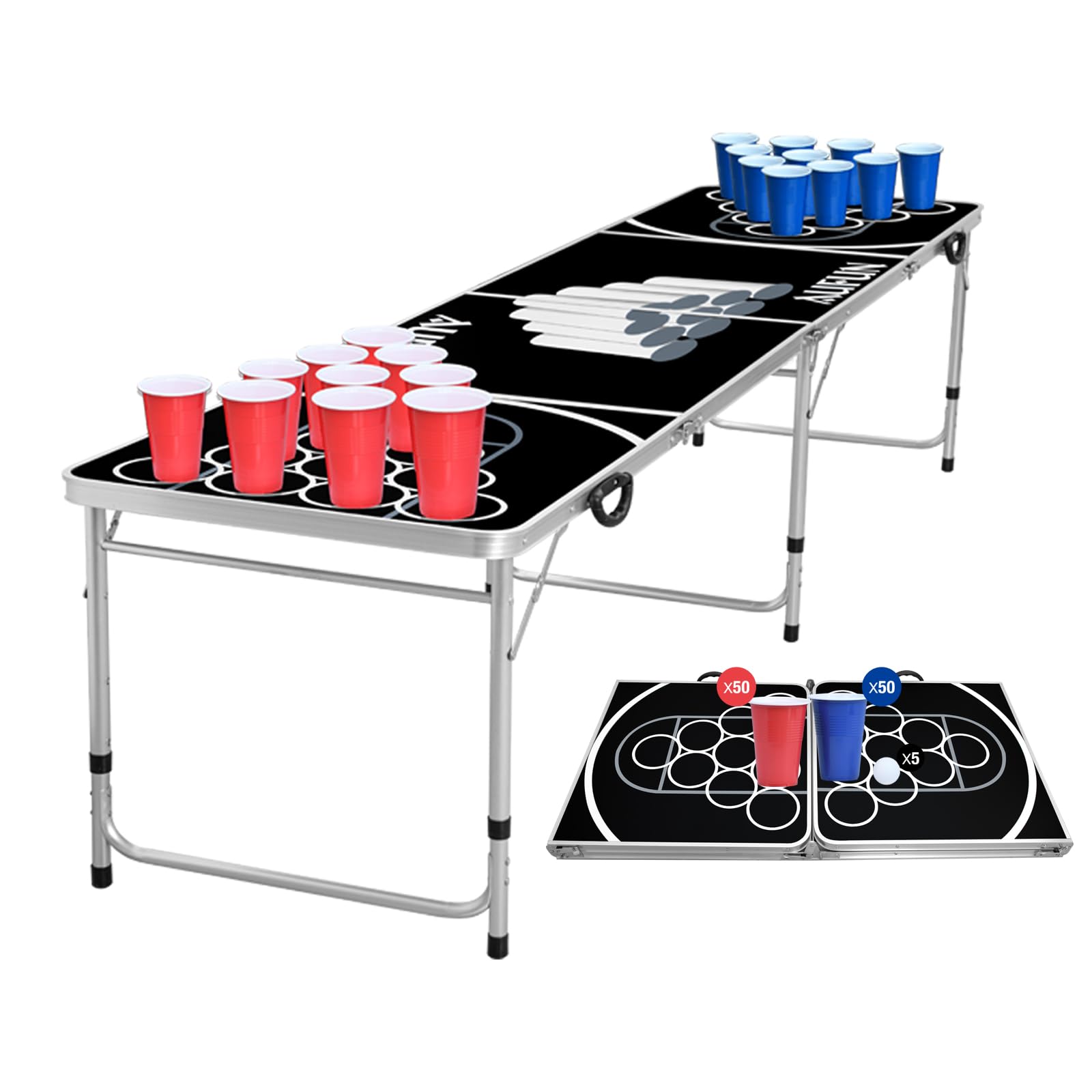 Beer Pong Tisch Set – Klappbarer Bierpong-Tisch inkl. 100 Becher (50 Rot/50 Blau) & 5 Bälle, perfekt für Sommer, Festivals & Partyspiele, Schwarz