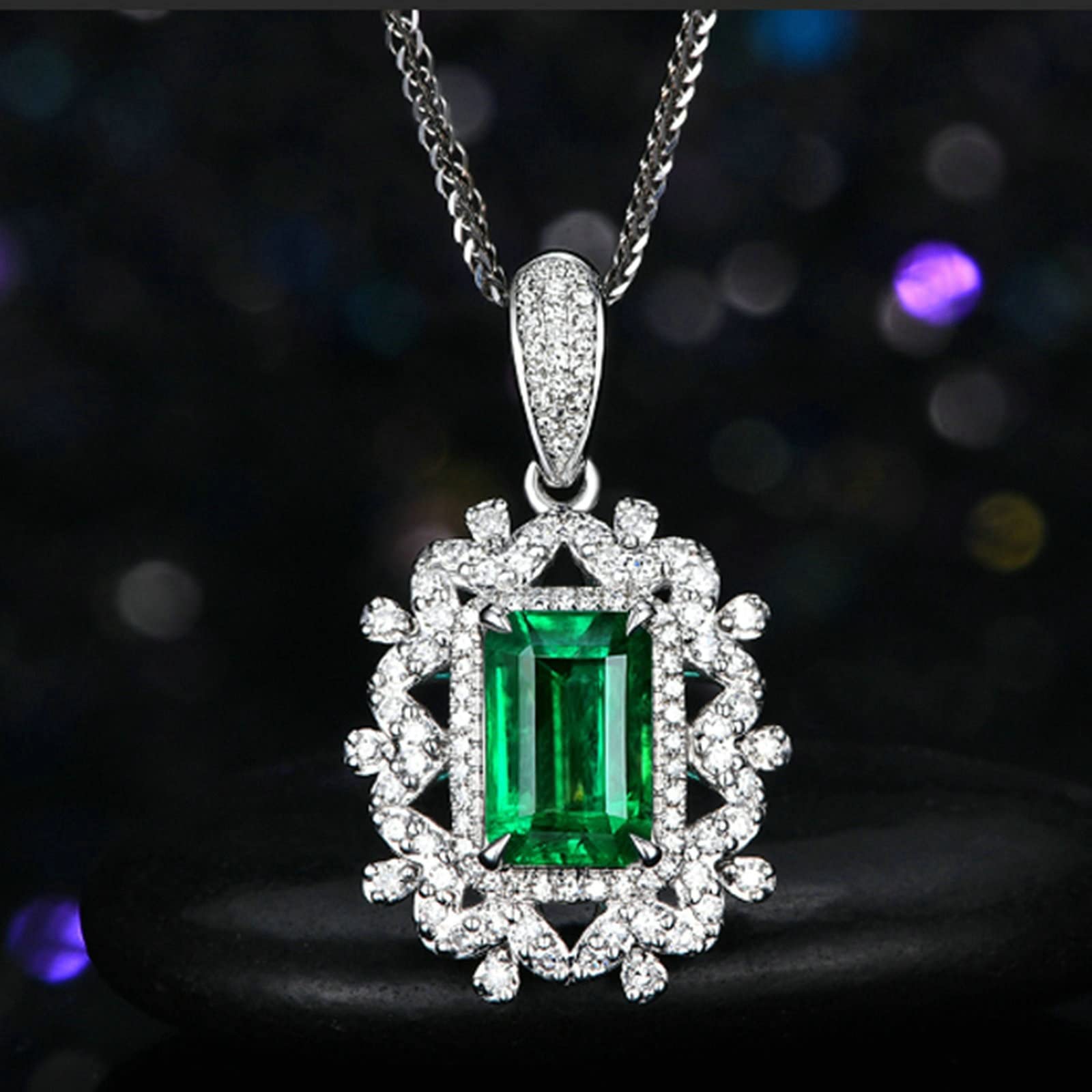 AMDXD Collar de mujer de flores huecas con colgante de oro blanco 750 con esmeralda de 1,45 quilates y cadena de diamantes de oro para mujer y plata, regalo para madre e hija