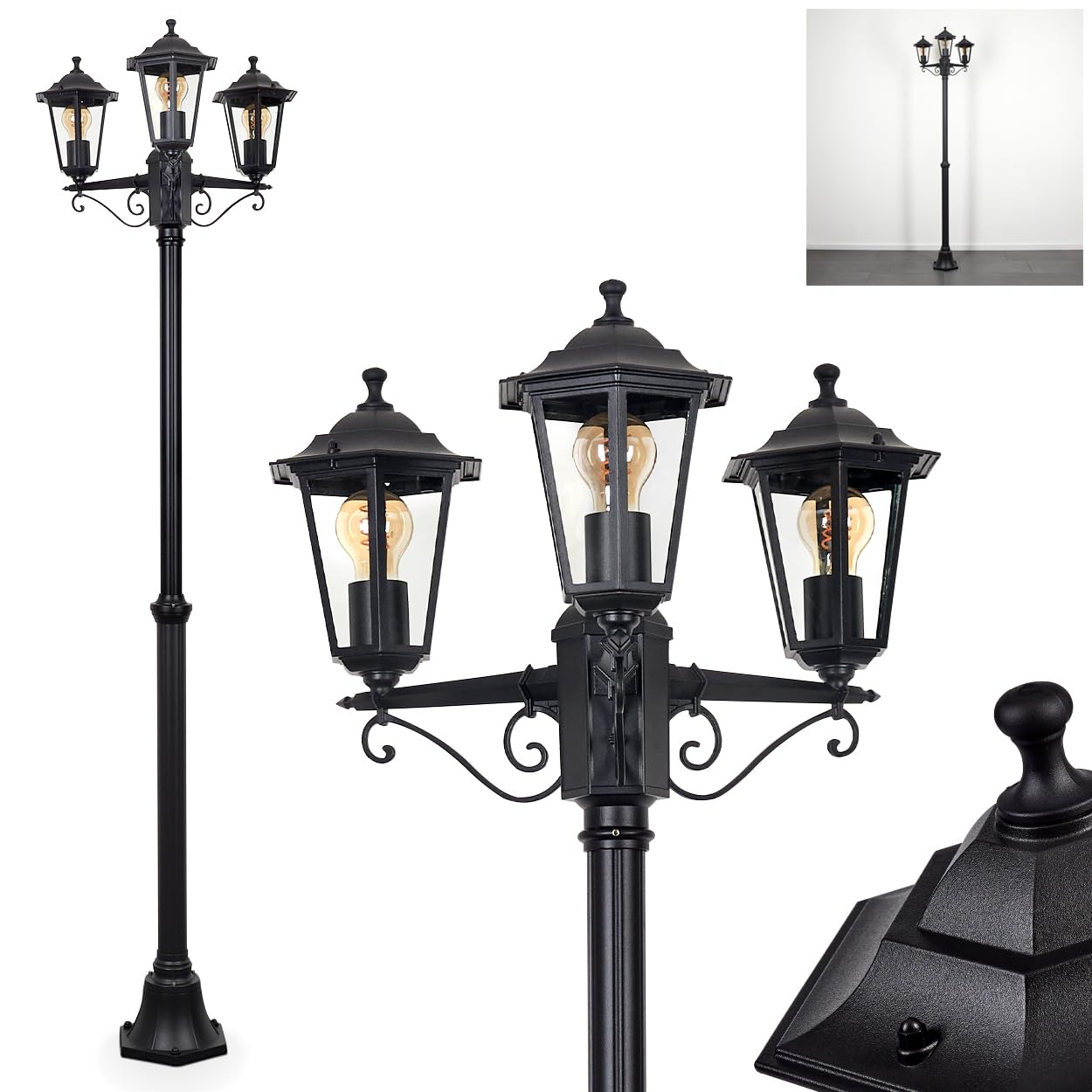 HOFSTEIN Candélabre Loria - Luminaire d'extérieur en métal/verre noir transparent - Lampadaire maison de campagne / antique / rétro / vintage pour jardin, extérieur, terrasse, cour, max. 200 cm, 3 x