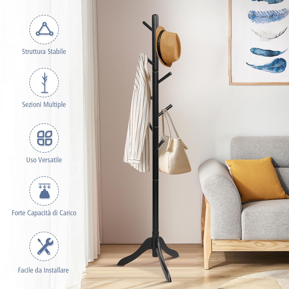COSTWAY Attaccapanni in Legno, Attaccapanni da Terra con 8 Ganci Regolabili in Altezza, Albero Porta Abiti per Camera da Letto Soggiorno Ingresso e Ufficio, Carico 56 kg (Nero)
