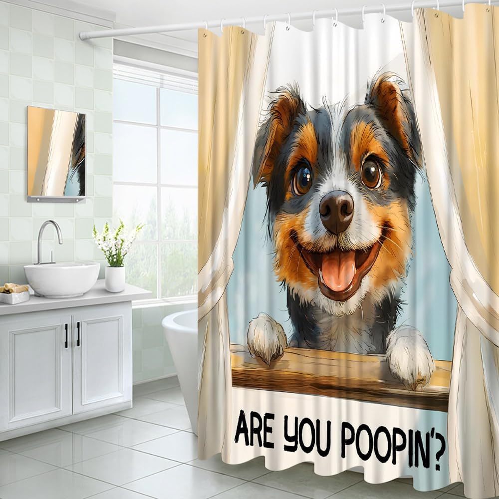 Funny Dog Shower Curtain Cute Puppy are You Poopin' Pet Watercolor Animal Modern Creative Fun Fabric Bathroom Decor Curtains with Hooks, 70" Wx90 H