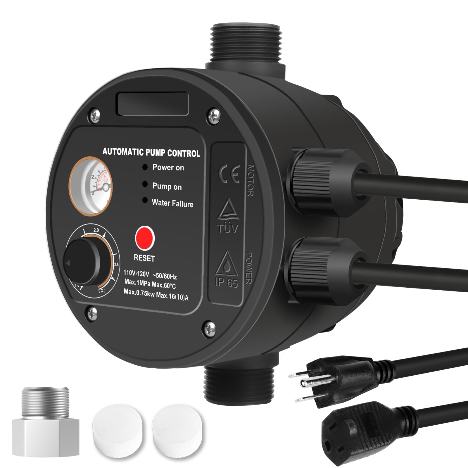 Controlador automático de bomba IP65, ajuste giratorio, conector de bomba de metal, control de interruptor electrónico, controlador de presión de bomba de agua, 110 V/1,5 KW/10 bar, TÜV, CE, ideal