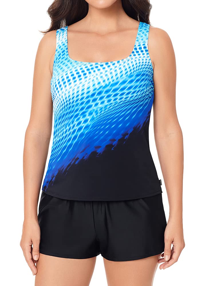 Reebok Damskie stroje kąpielowe sport moda kosmiczna fala okrągły dekolt tankini strój kąpielowy top, Niebieska oprawa świetlna, 38