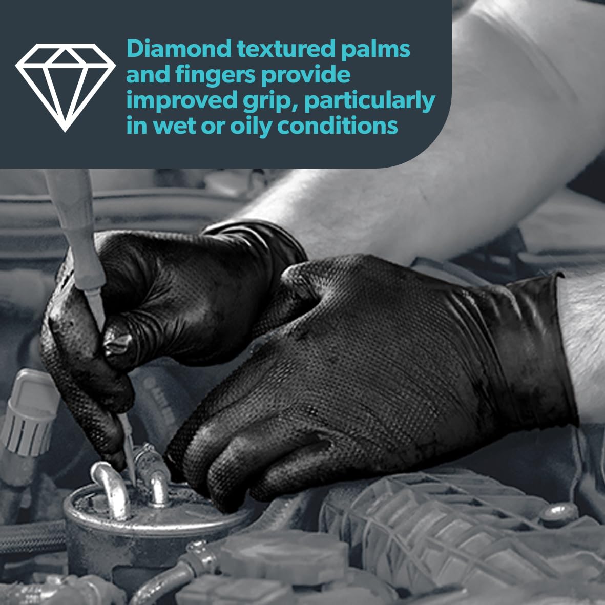 UNIGLOVES PRO.TECT Black Diamond HD, guantes desechables de nitrilo, puño con reborde, textura de diamante, extra resistentes y máxima protección, compatibles con pantallas táctiles, talla M