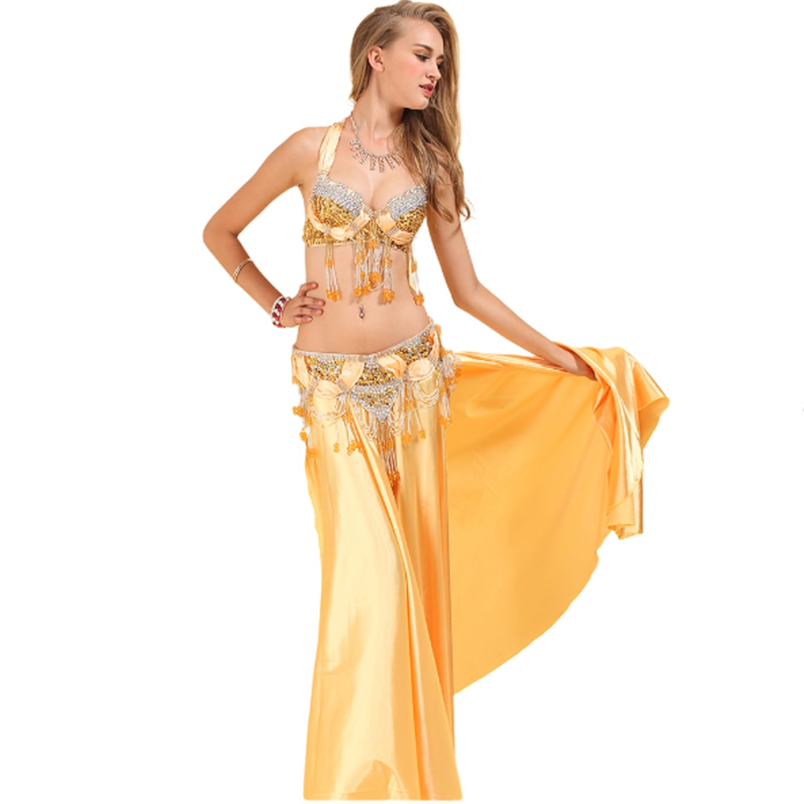 Traje Danza Vientre para Mujer Conjunto 3 Piezas,Ropa Rendimiento satén con Dos Aberturas Laterales para Danza Vientre,Faldas flamencas Carnaval Halloween Traje Danza Vientre,Oro,S