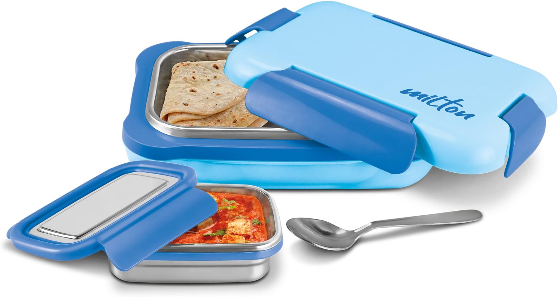 MILTON More Meal Large Steel Kids Lunch Box, Inner Stainless Steel Insulated Containers with Clip Lock Lid, 770ml & 175 ml, Airtight, Leakproof, for School & Picnic, Blue