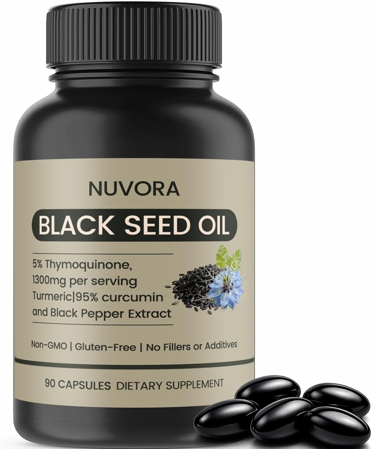 Nuvora Black Seed Oil Capsules with 5% Thymoquinone,Vitamin D3 & Omega, Cold Pressed, Non-GMO, Gluten-Free, Immune Balance & Daily Vitality,90 Count Softgels