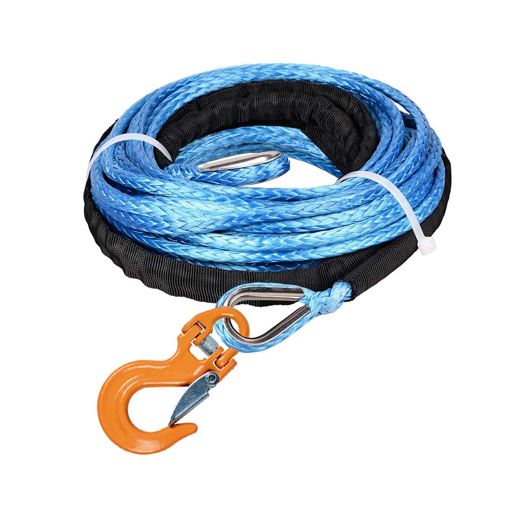 Astra Depot 50ft Blue Synthetic Rope Extension 7500lbs Winch Line Cable with Thimbles and Yellow 17,000 lbs Forged Steel Grade 80 Safety Latch Clevis Hook ATV UTV 3/16