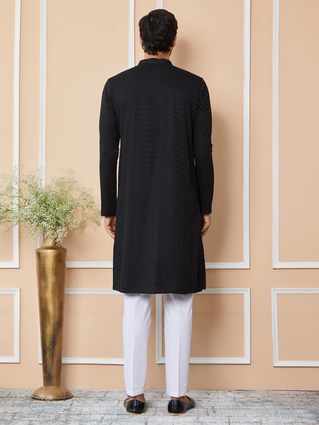See Designs Men's Long Sleeve Mandarin Collar Side Slit Black Embroidered Chikankari Rayon Straight Kurta - Sdkt2565L