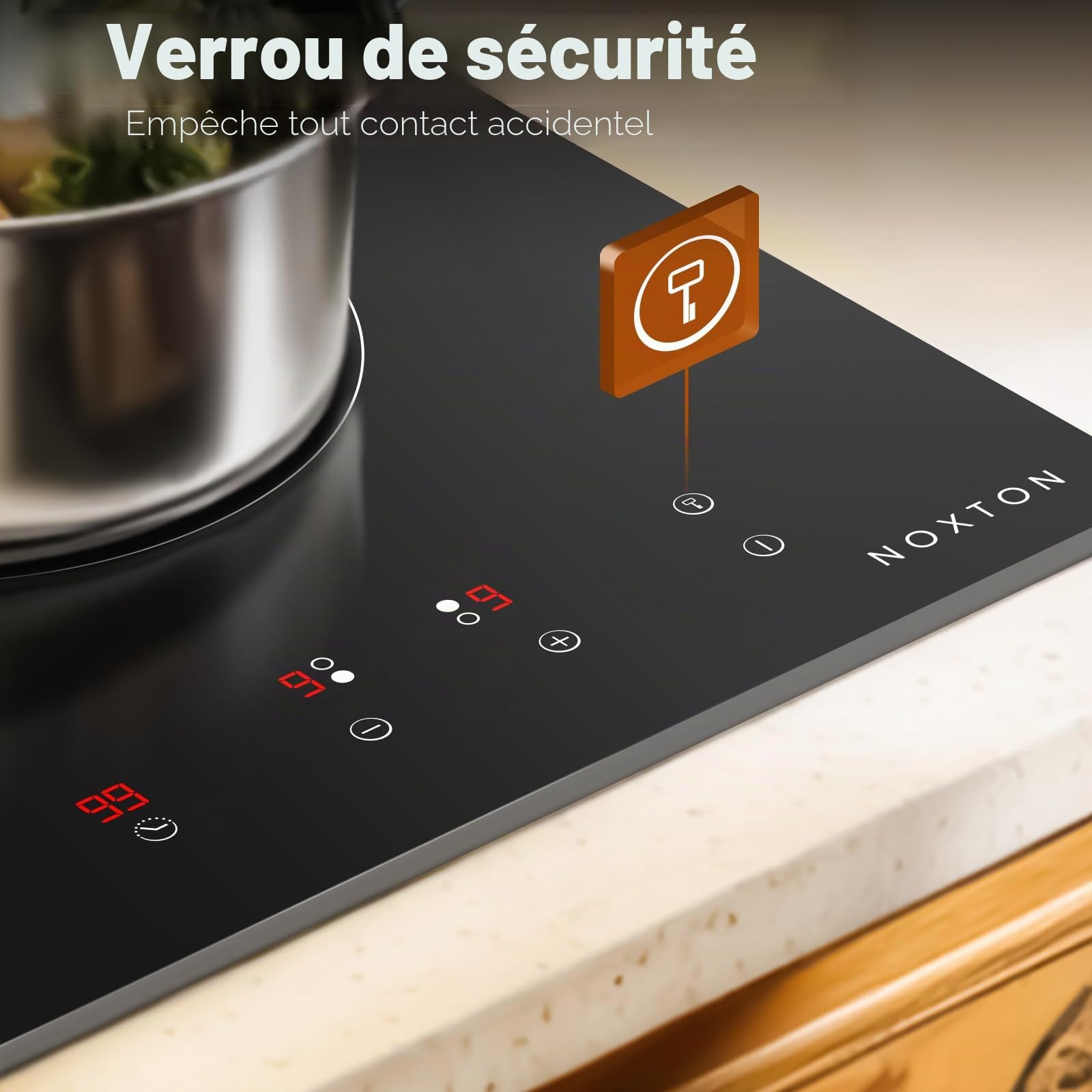 NOXTON Plaque Induction 2 Feux 30 cm 3500W avec Prise VDE, Commande Tactile, Minuterie 220-240V