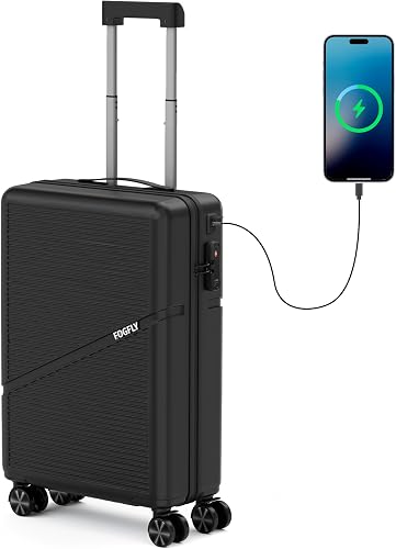 Carry On Luggage Airline Approved 20 Inch Hardside Suitcase with Spinner Wheels, Lightweight PC Rolling Luggage with TSA Lock & USB Charging Port for Travel, Black, 22.2 x 14.4 x 8.9 inches