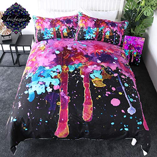 Sleepwish Pink Splatter by Brizbazaar Bedding Set Watercolor Rainbow Splash Bed Set Boho Black Purple Aqua Duvet Cover (Full)