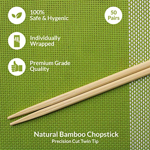 Bamboo Chopsticks Disposable - Premium Bamboo Wooden Chopsticks - 50 Pairs - Disposable Chopsticks Bamboo, Individually Wrapped (50)