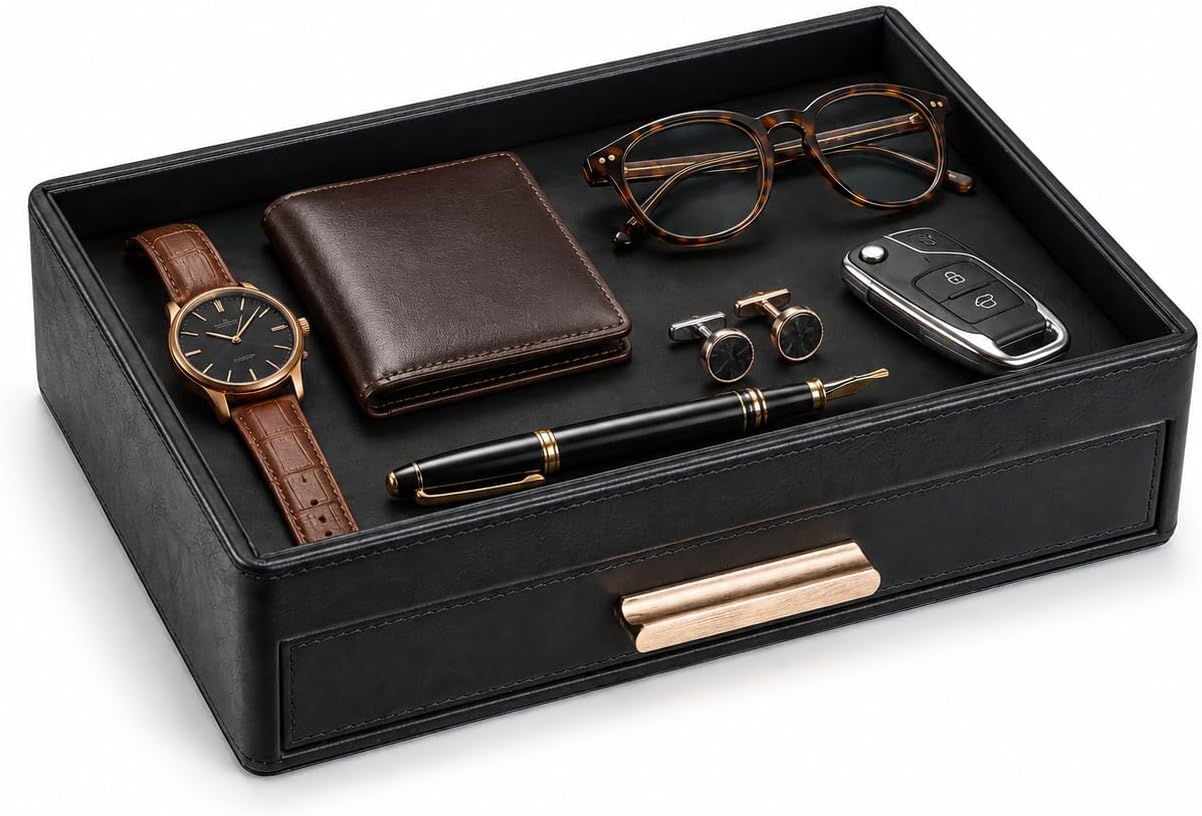 GORESE Leather Valet Tray for Men, Nightstand Organizer with Drawer, Black