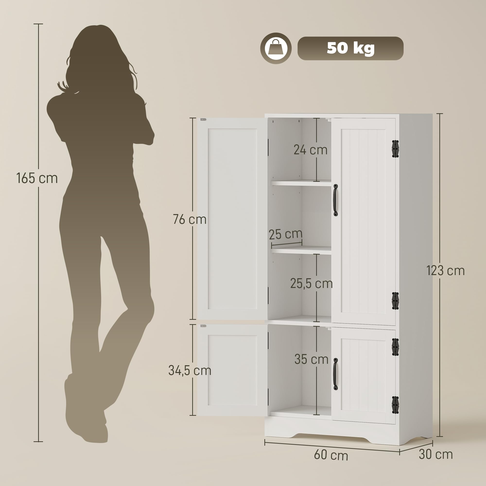 HOMCOM Buffet de Cuisine Meuble Rangement 2 Placards 60 x 30 x 123 cm Blanc | Armoire de Cuisine Contemporaine, 3 Étagères