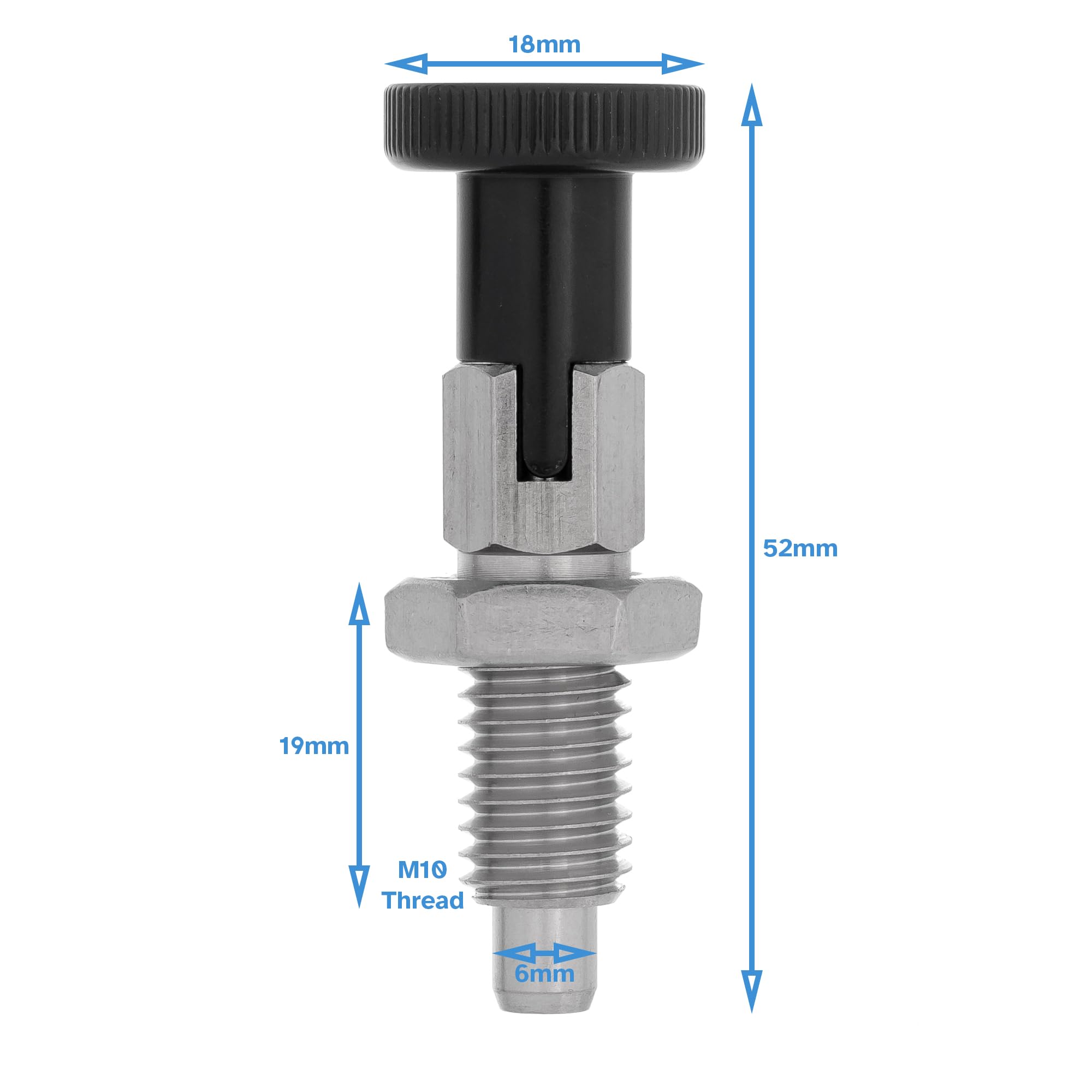 HALLMERS M10 x 1.5 x 19mm Thread 6mm Pin Diameter Indexing Self Locking Spring Plunger with Hex Knob - Stainless Steel Retractable Bolt Notch Threaded Index Mechanism Accessory Tool