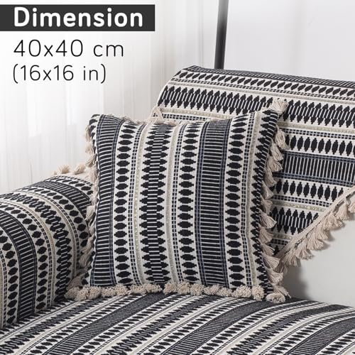 Image of HOKIPO 'Artisan Boho Series' 450 GSM Cushion Cover with Tassels | Cotton Acrylic Jacquard | 16x16 Inch (40x40 cm) | Pack of 2, Charcoal Black (IN-905-A3*2)