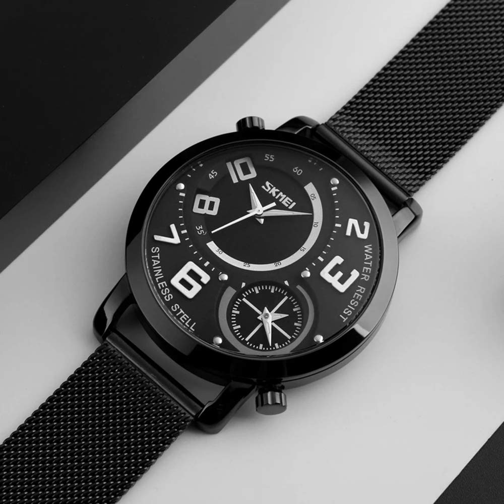 MASTOP Reloj de cuarzo para hombre, doble zona horaria, correa de malla de acero inoxidable, analógico, clásico, regalo
