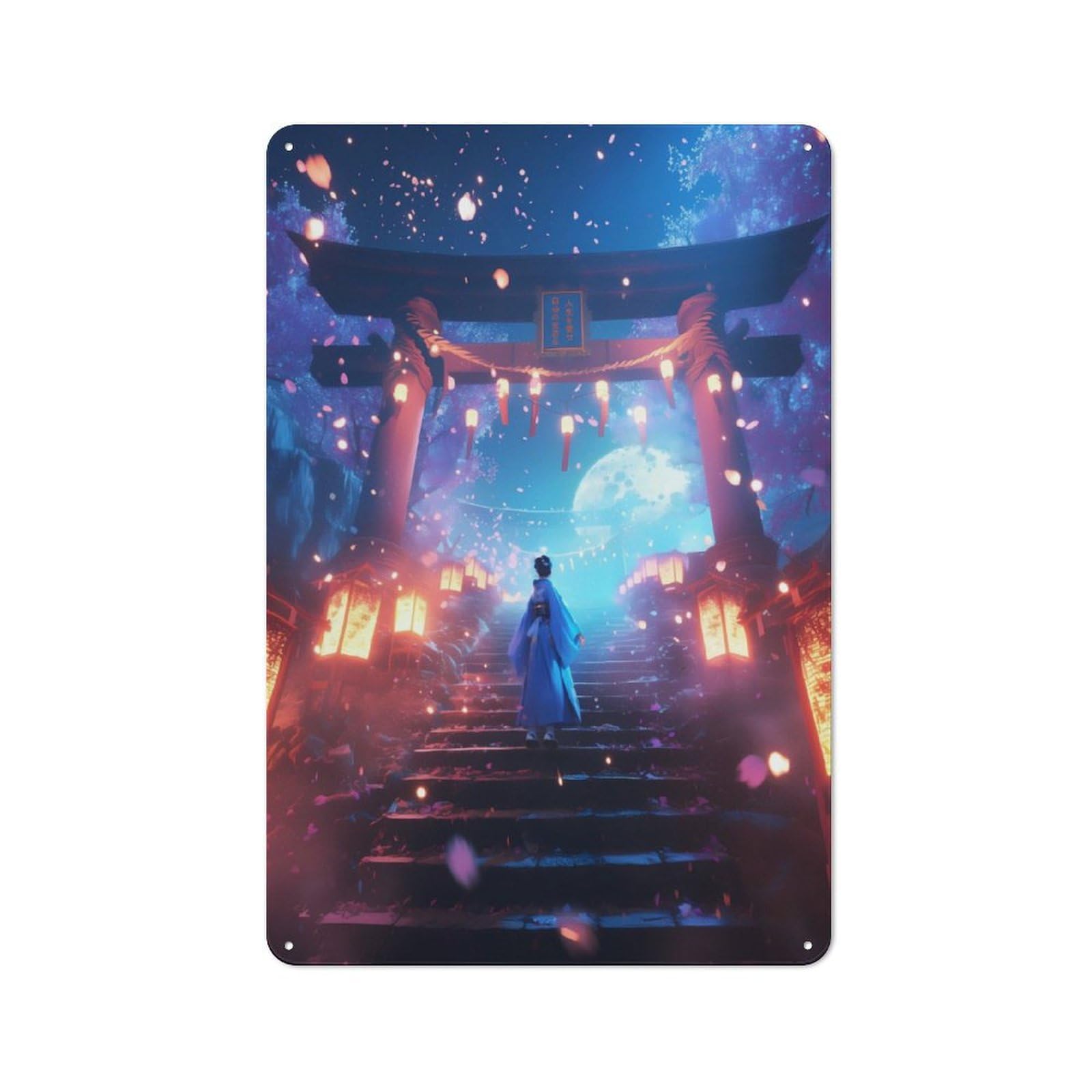 Junmoney Moonlit Geisha Torii Gate For Lounge Or Reading Corner, Rustic Tin Sign 30X20cm, For An Autumn Update To Lounge And Reading Corner