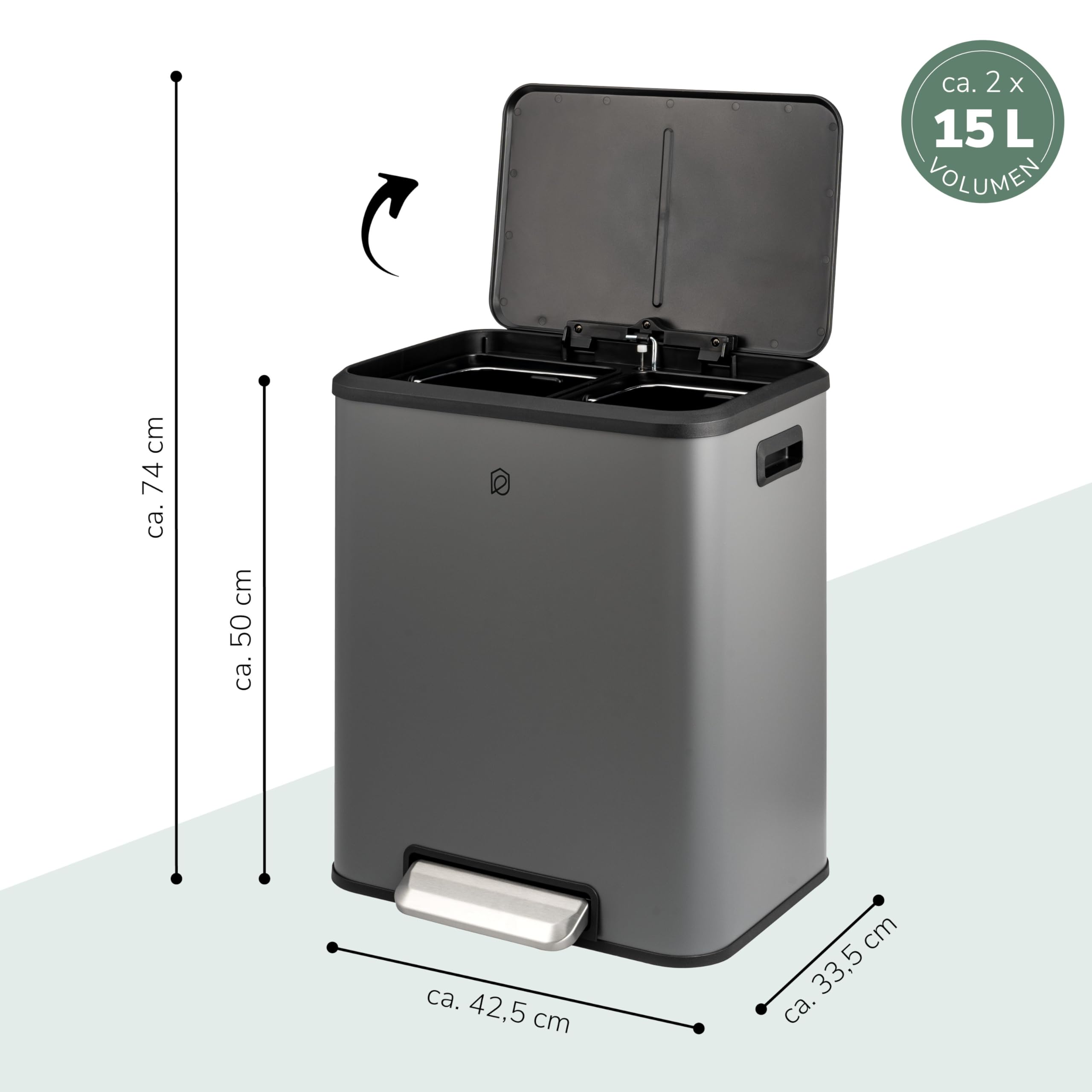 eluno Pattumiera a pedale ? 2 scomparti da 15 litri ciascuno, secchio interno estraibile in plastica, manici laterali, pedale grande, sistema di raccolta differenziata (Grigio)
